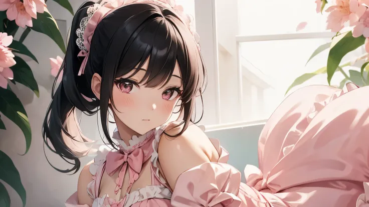 A beautiful woman wearing a pink and white sweet lolita dress with lots of frills and lace　Black hair ponytail with hair ornament　Upper Body