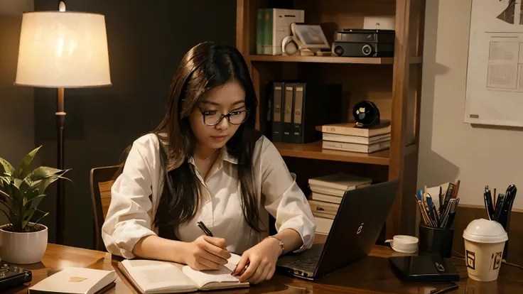 A beautiful 25-year-old asian women working at her desk. She is wearing glasses. On the desk is a lamp,a coffee mug, laptop and book. She listens to lofi music as she works late into the night.