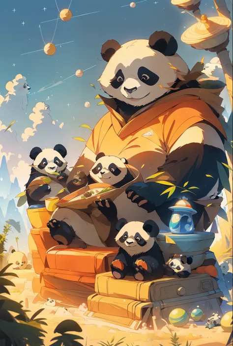 A majestic panda family standing on a mysterious planet, embodying the technological splendor of the Star Trek universe, Dune, Star Wars, The panda bears are portrayed with a sense of power and mystery, surrounded by an aura of imperial forces and technolo...