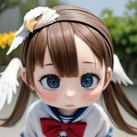 photorealistic、chibi girl doll（a  flying through the sky on the back of an eagle）