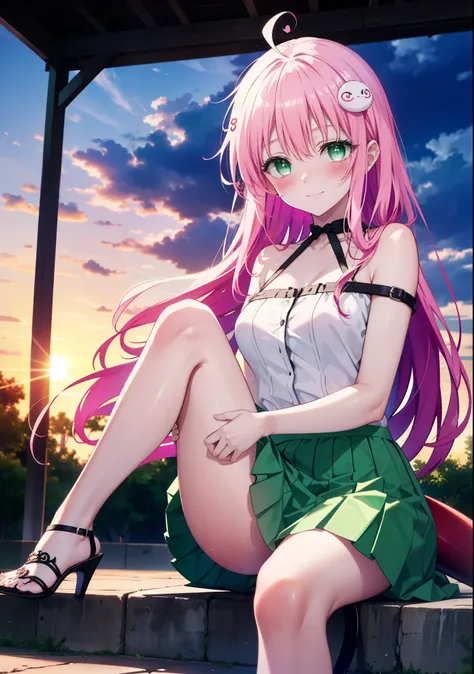 Laradevi Luke, Lara Deviluke, Long Hair, Pink Hair, tail, Ahoge, bangs, hair ornaments, (Green Eyes:1.5), smile,blush,
break demon tail, Cordo shoulder top,Long skirt,Stiletto heels,The sun is setting,Sunset,evening,Sitting on the steps in the park,whole b...