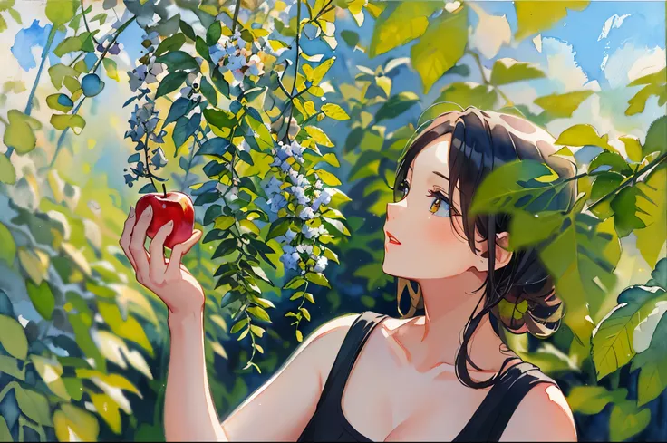 (Masterpiece), (best detail), (Best quality),(((aquarelle ))),Watercolor background,cheerfulness, Young and good-looking（Vintage background），Apple in hand