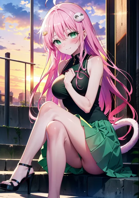 Laradevi Luke, Lara Deviluke, Long Hair, Pink Hair, tail, Ahoge, bangs, hair ornaments, (Green Eyes:1.5), smile,blush,Big Breasts,
break demon tail, Cordo shoulder top,Long skirt,Stiletto heels,The sun is setting,Sunset,evening,Sitting on the steps in the ...