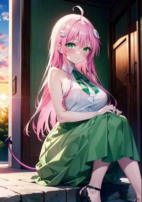 Laradevi Luke, Lara Deviluke, Long Hair, Pink Hair, tail, Ahoge, bangs, hair ornaments, (Green Eyes:1.5), smile,blush,Big Breasts,
break demon tail, Cordo shoulder top,Long skirt,Stiletto heels,The sun is setting,Sunset,evening,Sitting on the steps in the ...