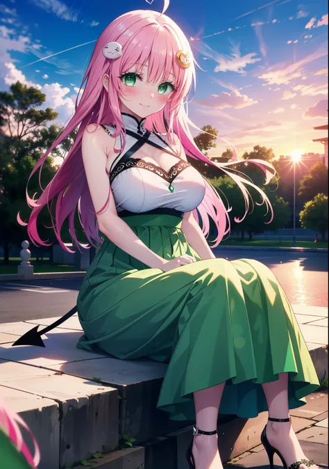 Laradevi Luke, Lara Deviluke, Long Hair, Pink Hair, tail, Ahoge, bangs, hair ornaments, (Green Eyes:1.5), smile,blush,Big Breasts,
break demon tail, Cordo shoulder top,Long skirt,Stiletto heels,The sun is setting,Sunset,evening,Sitting on the steps in the ...