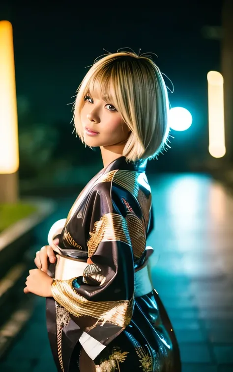 standing in the night ruins, ass, gyaru, dark-skinned, (shiny oiled skin:1.2), Sony α7, 35mm Lens, f1.8, film grain, soft lighting, wearing vivid 
 printed kimono, blond hair, shoort cut hair, moon light