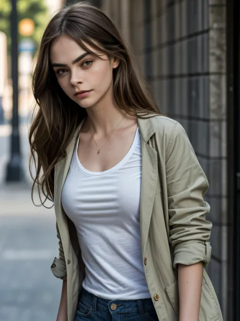 (Best quality, photorealistic, highres, reality, super realistic), casual outdoor fashion shoot, a brunette girl who looking alike Cara Delevingne, side swept hair, wearing khaki blazer and white tank shirt, delicate face, (at downtown), day time, sidewalk...