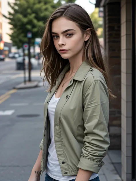 (Best quality, photorealistic, highres, reality, super realistic), from side, casual outdoor fashion shoot, a brunette girl who looking alike Cara Delevingne, side swept hair, wearing rolled-up sleeve khaki jacket and white tank shirt, delicate face, (at d...