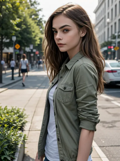 (Best quality, photorealistic, highres, reality, super realistic), from side, Casual outdoor fashion shoot, a brunette girl who looking alike Cara Delevingne, side swept hair, wearing rolled-up sleeve khaki jacket and white tank shirt, delicate face, (at d...