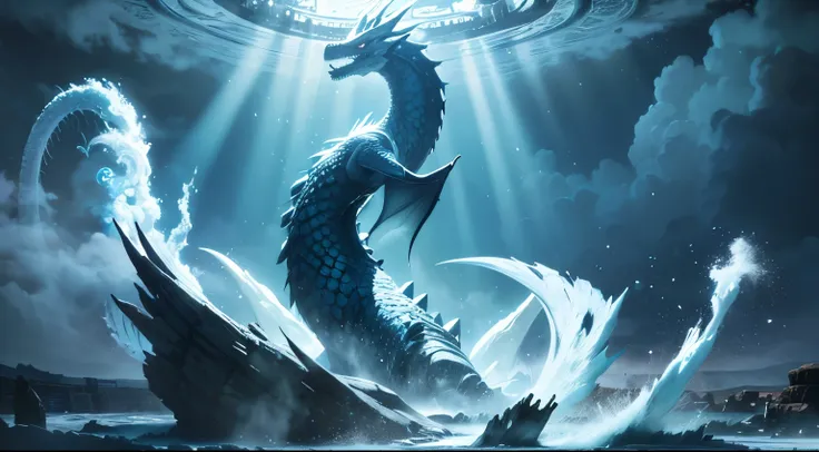 Aerial view of a magnificent scene where a giant sea dragon hovers above ancient ruins, creating a striking contrast. The majestic sea dragons solemn gaze is fixed on the ruins, as if silently guarding this ancient land. High-quality image of an awe-inspir...