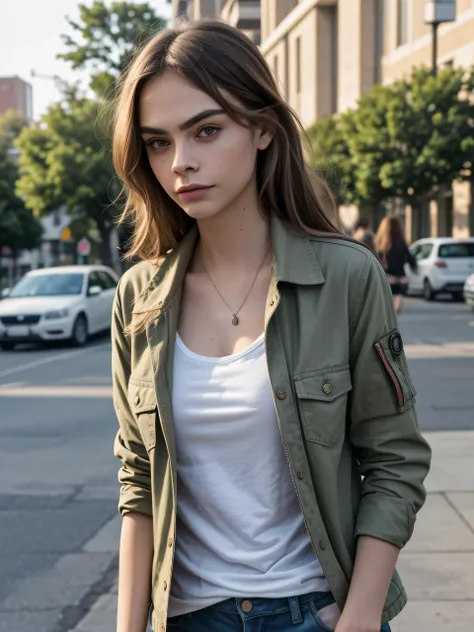 (Best quality, photorealistic, highres, reality, super realistic), casual outdoor fashion shoot, a brunette girl who looking alike Cara Delevingne, side swept hair, wearing rolled-up sleeve khaki jacket and white tank shirt, delicate face, (at downtown), d...