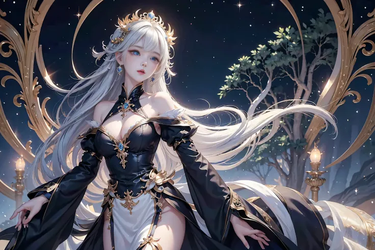 Night view,star,（White Haired Girl:1.5）,（（masterpiece））、（detailed：1.4）、（Backlight）(A fantastic atmosphere、Ancient capital、Amazing beauty images,((1girl))、white dust、Light and dance-like、Suspended particles), (Black Dress、Long dress with sleeves、Exposing sh...