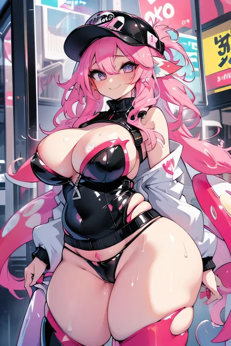 Erotic Anime Illustration、highest quality、Sex Appeal、Shibuyas main street、smile、Graffiti art on the wall、Selling aphrodisiacs、Splatoon、A plump gal who draws graffiti art、Perfect proportions、Very large breasts、Fatty legs、Beautiful, shining eyes、Sweaty、Cowbo...