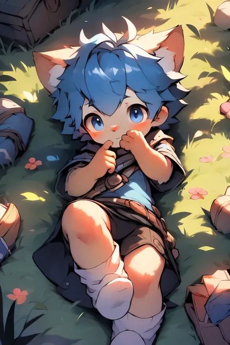 The boy was lying on the grass，Shy expression，Hitting on someone，Blue Hair, Furry art, Illustration Wizard, Video Game Fanart, Detailed fan art,Human Cat，，（Cute white socks），（（Young child），butt，Dress cutely，Shirtless，Front view）, Beautifully detailed digit...