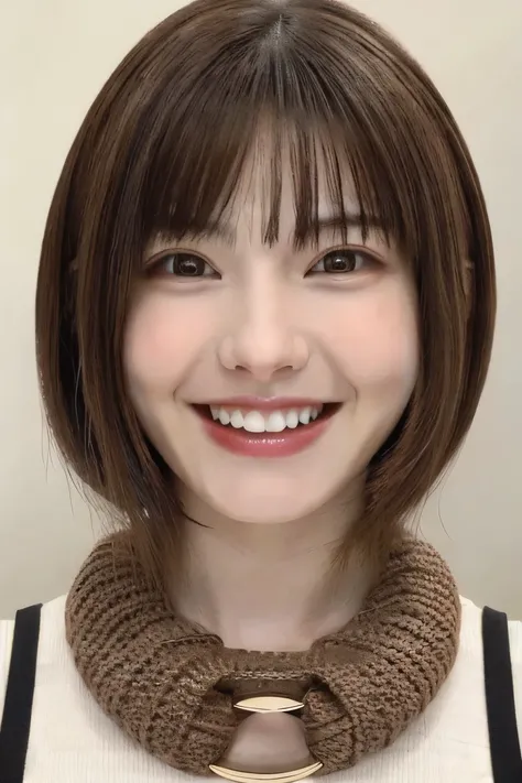 205 ((short hair)), 20-year-old female, Surrealism, smile、Beautiful teeth alignment、Brown Hair、Ear piercing、Necklace around the neck、