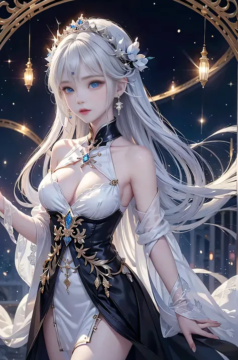 Night view,star,（White Haired Girl:1.5）,（（masterpiece））、（detailed：1.4）、（Backlight）(A fantastic atmosphere、Ancient capital、Amazing beauty images,((1girl))、white dust、Light and dance-like、Suspended particles), (Black Dress、Long dress with sleeves、Exposing sh...