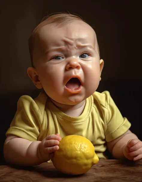 a baby eating lemon,frowning, in the style of emotional portraiture, zbrush, emotionally charged portraits,  eyes closed，