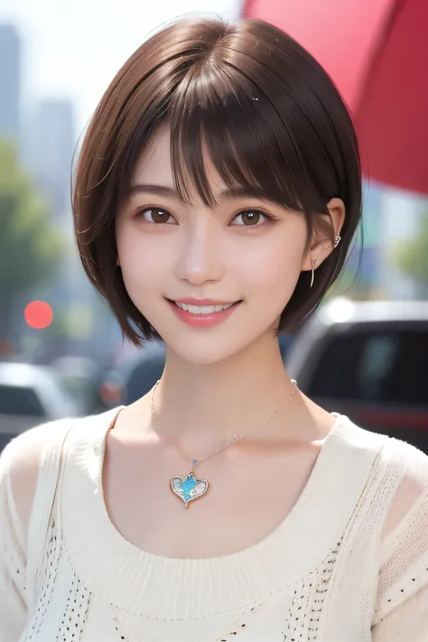 205 ((short hair)), 20-year-old female, Surrealism, smile、Beautiful teeth alignment、Brown Hair、Ear piercing、Necklace around the neck、