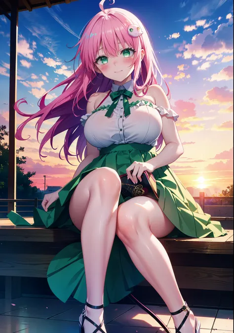 Laradevi Luke, Lara Deviluke, Long Hair, Pink Hair, tail, Ahoge, bangs, hair ornaments, (Green Eyes:1.5), smile,blush,Big Breasts,
break demon tail, Cordo shoulder top,Long skirt,Stiletto heels,The sun is setting,Sunset,evening,Sitting on the steps in the ...