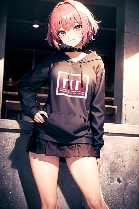 A cute girl with short pink hair
 She is wearing a hoodie and short skirt
