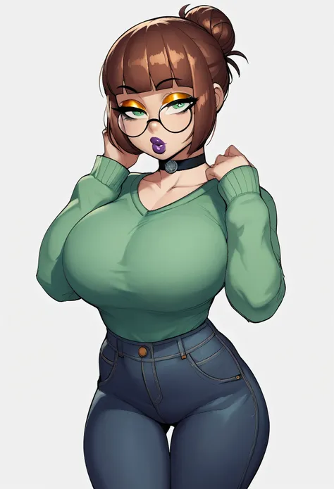 score_9, score_8_up, score_7_up, score_6_up, score_5_up, score_4_up, BREAK 1girl, brown hair, bun hair, green eyes, thick lips, long eyelashes, half-closed eyes, black-framed eyewear, round eyewear, black choker, blunt bangs, adult, black eyeliner, purple ...