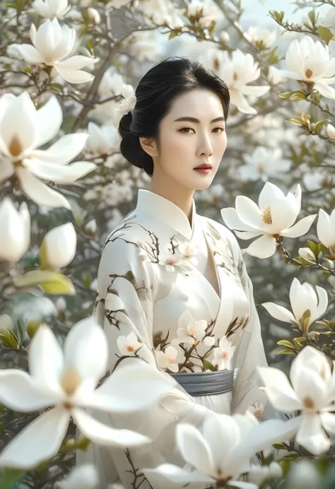 a beautiful classical woman standing in a white magnolia flower field, detailed traditional chinese painting, serene, (best quality,4k,8k,highres,masterpiece:1.2),ultra-detailed,(realistic,photorealistic,photo-realistic:1.37),delicate facial features,beaut...