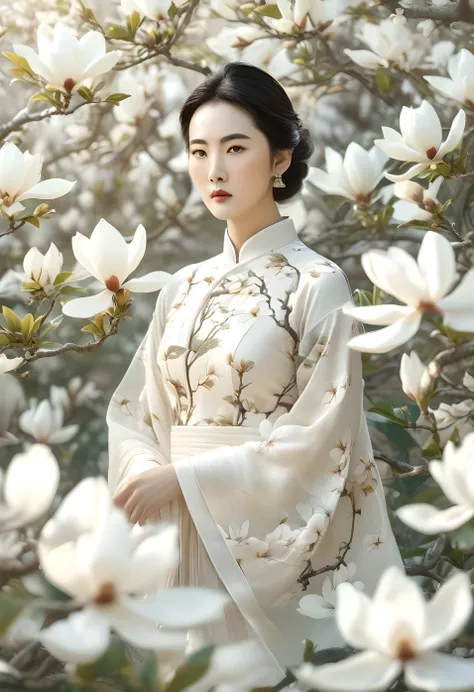 a beautiful classical woman standing in a white magnolia flower field, detailed traditional chinese painting, serene, (best qual...