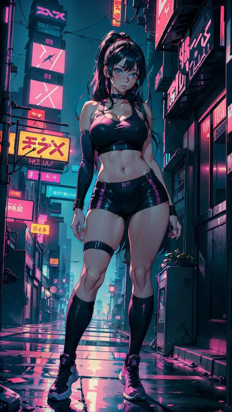 (Hinata Hyuga, Walking around the city, Very sensual, Older girls, In tight clothes, Cleavage, Big Ass, Thick legs, Training wear, Navel comes out, Long Hair, Rear speakers, Very realistic, View of the Cyberpunk City, Clearly defined lines, Neon Lights Ver...