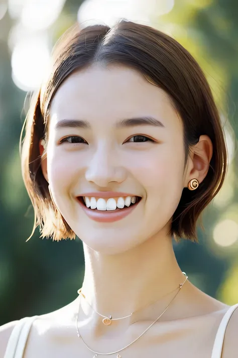 205 ((short hair)), 20-year-old female, Surrealism, smile、Beautiful teeth alignment、Brown Hair、Ear piercing、Necklace around the neck、