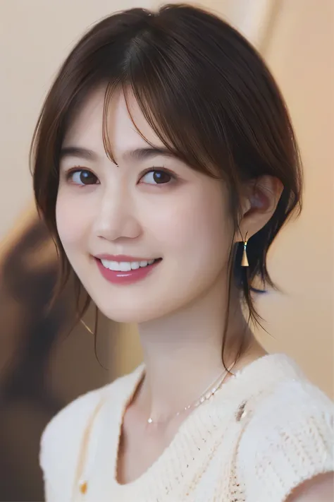 205 ((short hair)), 20-year-old female, Surrealism, smile、Beautiful teeth alignment、Brown Hair、ear piercing、Necklace around the neck、