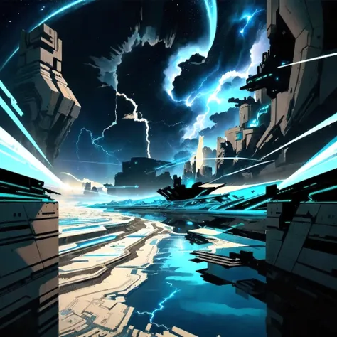 Space port, on the metal planet Cybertron, around the port is a metal desert with rivers that strike lightning, composition on the metal planet, big metalic planet, dark-blue metal, shiny metal, cybertron, mechanical planet, empty wasteland, dark blue stor...