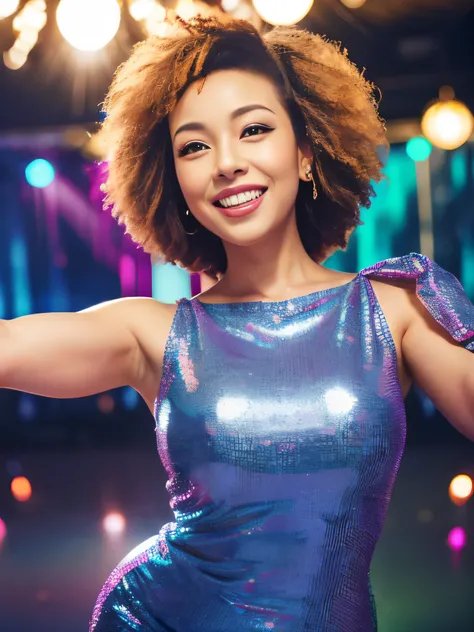 Beautiful Japan woman in her 40s、Dance hard at a glittering 1970s disco:1.4), {Flashy disco clothes of the 1970s:1.4}, intersecting light, Realistic, Realistic, Realistic body shape, Very detailed, highest quality, 8k, Movie stills, Uplifting, detailed fac...