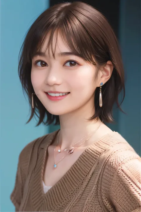 205 ((short hair)), 20-year-old female, Surrealism, smile、Beautiful teeth alignment、Brown Hair、Ear piercing、Necklace around the neck、