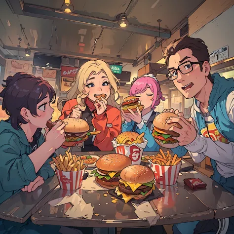 Four people are eating burgers and fries at a table, Eating a hamburger, Anime Food, everyone, Great food illustrations, Eating a hamburger, Serve burgers, Fast food, Diner Background, Background artwork, Fast food review, Mukbang, Diner Food, operating on...