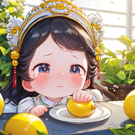 best quality, masterpiece, super deformed, eat lemons, sour expression, tears