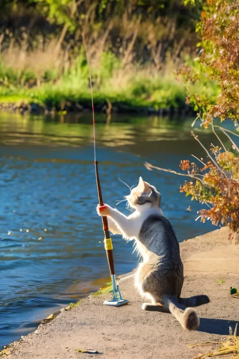 A cat on the river bank catches fish with a fishing rod