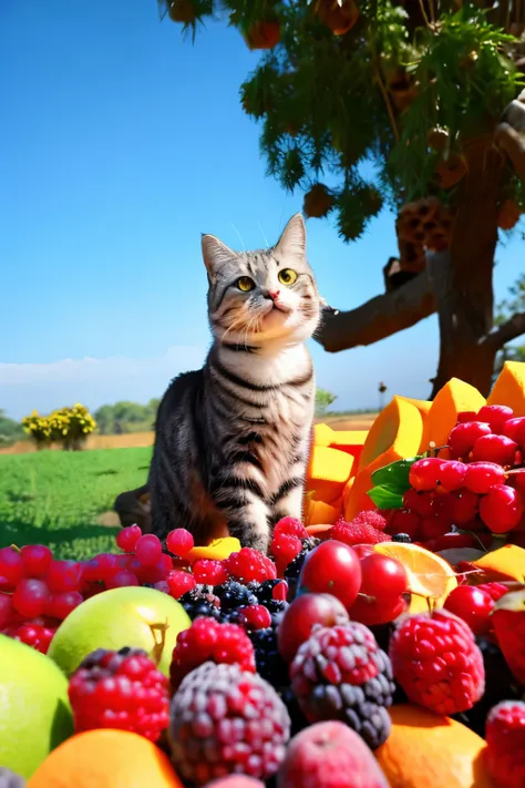 Cat on a background of fruits