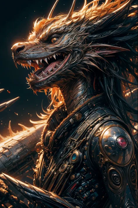 Complex 3D rendering of [[a highly detailed head of a dragon]]、150mm、Beautiful studio soft lights、Rim Light、Vivid details、luxurious cyberpunk、Ren Hao、surrealistic、Anatomical、octan render、8K、top-quality、​masterpiece、illustration、extremely delicate and beaut...