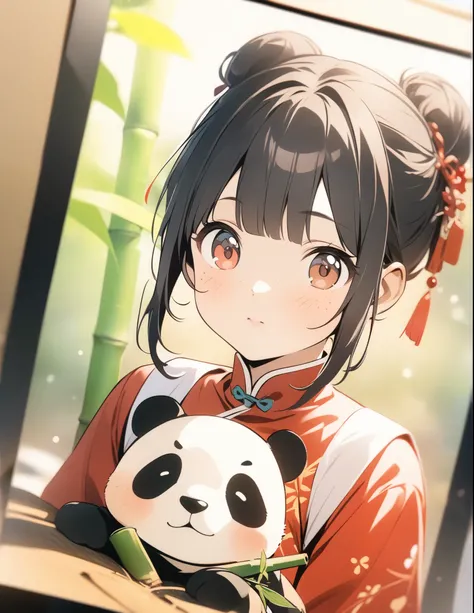 (masterpiece:1.2),China、Panda、Girl holding a panda、Bun Hair、Black Hair、Bangs、Red Chinese clothing、cute、bamboo、freckles、Photo style