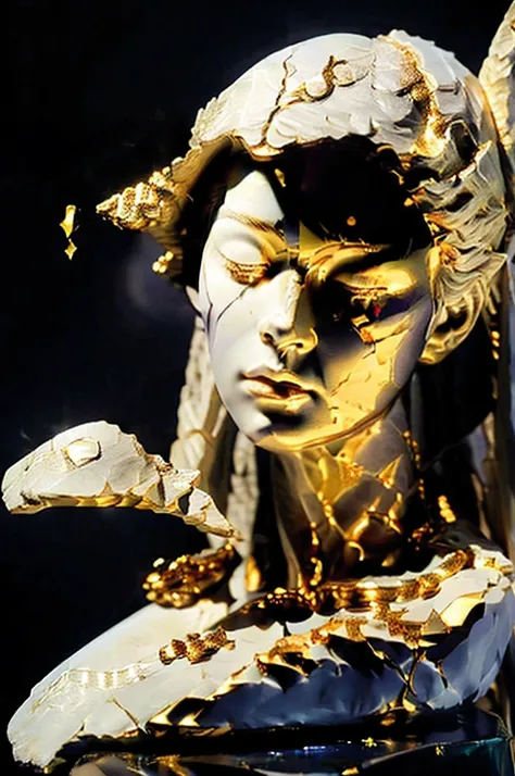(best quality,4k,8k,highres,masterpiece:1.2),ultra-detailed,(realistic,photorealistic,photo-realistic:1.37),1girl,solitary,sculpture,fair skin,close-up shot,cracks,intense reflections,black background,studio lighting,golden strokes
