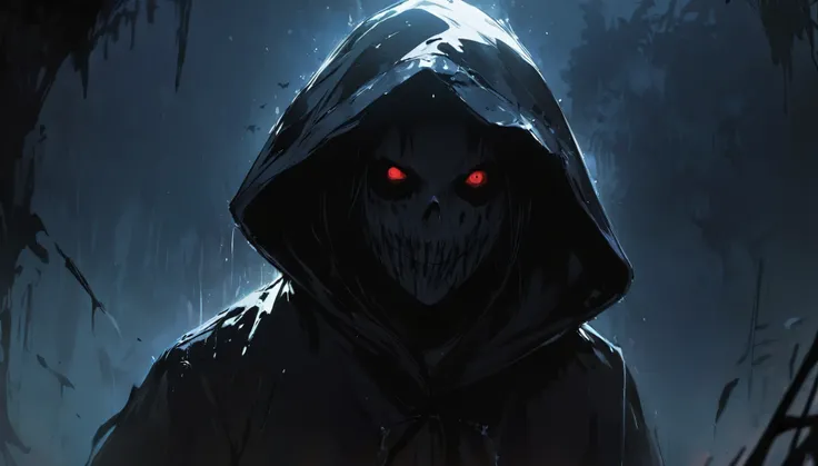 masterpiece, best quality, beautiful illustration, anime style, horror, close up, (Black silhouette in human form with tall hood of splash art), run, upper body, Dark room background, concept art, Spooky atmosphere, Spooky and terrifying Disturbing, Creep...
