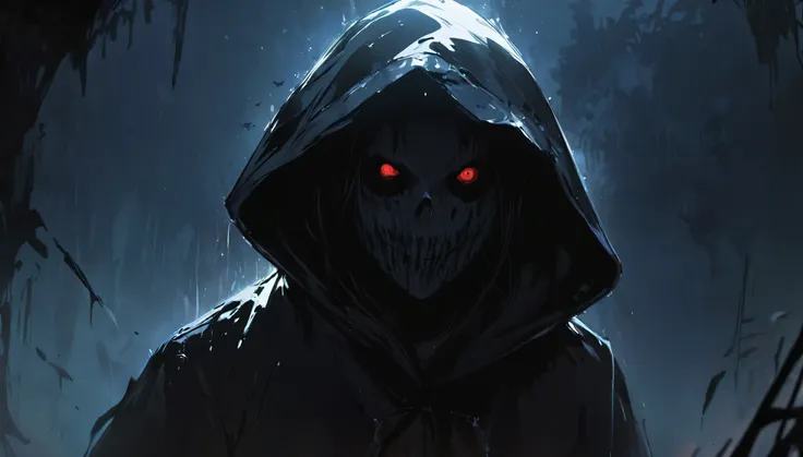 masterpiece, best quality, beautiful illustration, anime style, horror, close up, (Black silhouette in human form with tall hood of splash art), run, upper body, Dark room background,  concept art, Spooky atmosphere, Spooky and terrifying Disturbing, Creep...