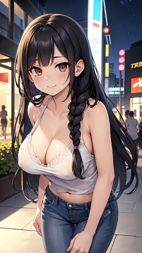 (realistic), (best quality:1.4),(((ultra-detailed))), masterpiece, (((hyper realistic))), full pic, walking joyful, pic from far, in the mall, middle of the night, Mexican girl, NSFW, Adult girl, adult woman, 30 years old, cute swimsuit, (((black hair, lon...