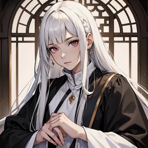 (absurdres, highres, ultra detailed), 1female, pale skin, calm, adult, mature face, very long hair with straight even bangs, very long sidelocks, hime cut, white hair, dark red colored eyes, peasant clothes, wears black clothing, in a castle, indoor garden...