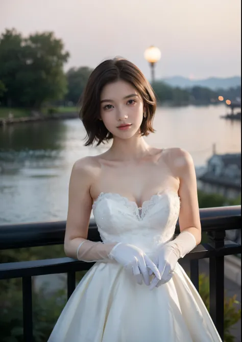 Beautiful 16 year old  woman。She is wearing a wedding dress and white long length gloves. She is smiling on illuminated by the evening church lights on the romantic sunset time.  her dark brown short length hair. High resolution、masterpiece、highest quality...