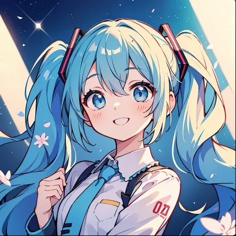 one girl、hatsune miku、twin tails、smile、colorful、lovely、aster piece illuminated by spotlight、highest quality、perfect face