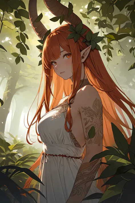 A (((beautiful young ginger female))), with hair and features indicative of a (((dark fairy))) and the body and horns of a (((faun))) , intricate details and patterns on her face and dress, all coming together under a (canopy of a leafy trees)
