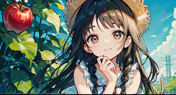 Black Hair、Braided Hair、Brown eyes、appleの木、appleを持つ、apple、girl、bright、cute、anime、Summer sunshine、Fine details、Cute smile、Depth of written boundary、High quality、highest quality