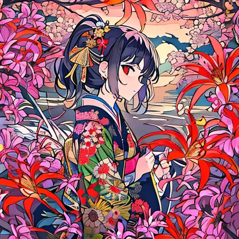 highest quality, Super quality, 16k,  Hell Girl、Very detailed, delicate and dynamic, A crimson sky and rainbow-colored spider lilies blooming on the banks of the Sanzu River、Black and red Japanese kimono