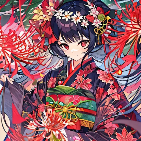 highest quality, Super quality, 16k,  Hell Girl、Very detailed, delicate and dynamic, A crimson sky and rainbow-colored spider lilies blooming on the banks of the Sanzu River、Black and red Japanese kimono